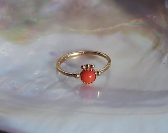 Natural Italian Red Coral 14k Gold Ring with Hammered Band, Size 6