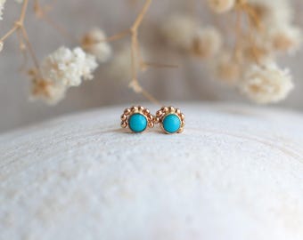 Solid 14k Gold Eye Studs with Bluebird Turquoise