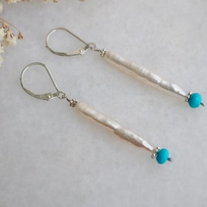 Long Pearl Earrings, Sleeping Beauty Turquoise, White Biwa, Wedding Earrings, Stick Pearl Earrings, Organic Pearl, White Stick Pearl Jewelry image 6