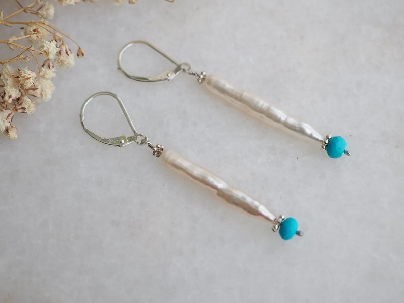 Long Pearl Earrings, Sleeping Beauty Turquoise, White Biwa, Wedding Earrings, Stick Pearl Earrings, Organic Pearl, White Stick Pearl Jewelry image 6