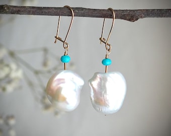 Jumbo White Baroque Pearl and Turquoise Gold Earrings