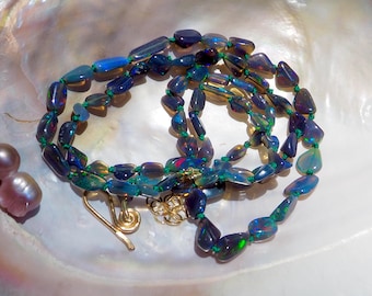 Dark Blue Opal Nugget Necklace Hand Knotted on Green Silk with Gold Clasp