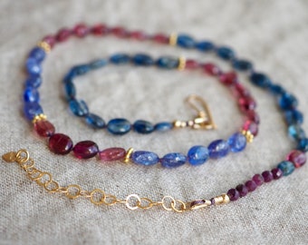 Multi Gem Necklace, Kyanite Garnet Tanzanite Tourmaline Ruby, Gold Gem Necklace, Candy Style Knotted Blue and Red Beads, Mixed Gem Necklace