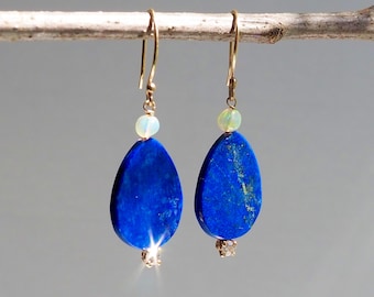 Lapis, Opal and Diamond Drops, Solid 14k Gold Celestial Night Sky Dangle Earrings