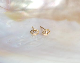 Tiny Solid 14k Gold Eye Stud Earrings with Sparkly White Diamonds