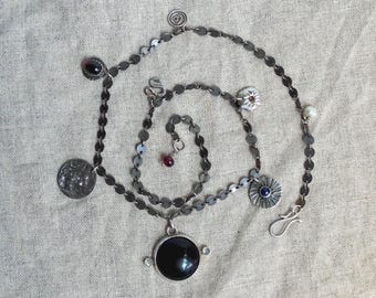 Multi Charm Sterling Silver Disc Necklace with Black Onyx, Lapis Lazuli, Garnet and Pearl