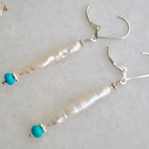 Long Pearl Earrings, Sleeping Beauty Turquoise, White Biwa, Wedding Earrings, Stick Pearl Earrings, Organic Pearl, White Stick Pearl Jewelry image 9