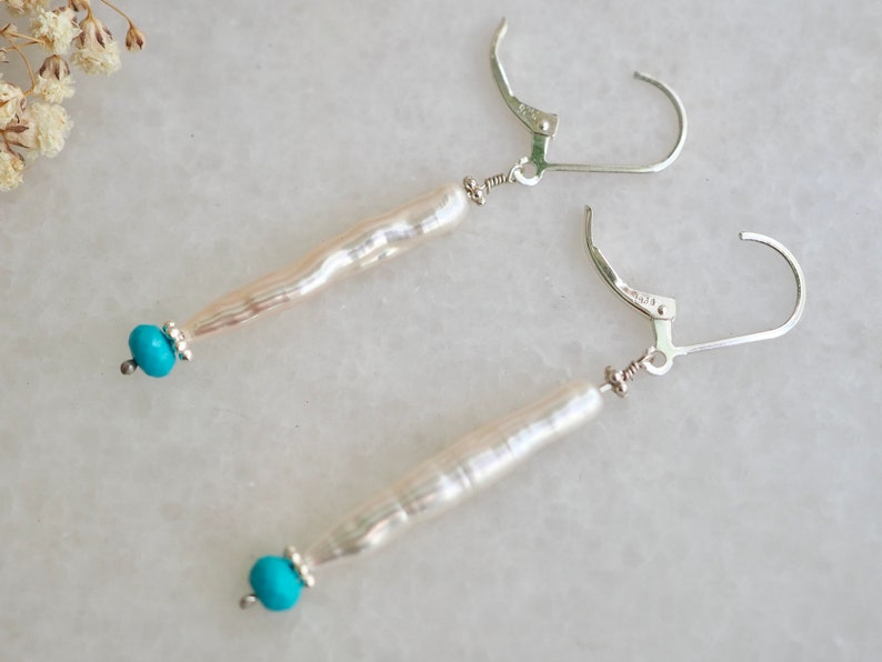 Long Pearl Earrings, Sleeping Beauty Turquoise, White Biwa, Wedding Earrings, Stick Pearl Earrings, Organic Pearl, White Stick Pearl Jewelry image 9