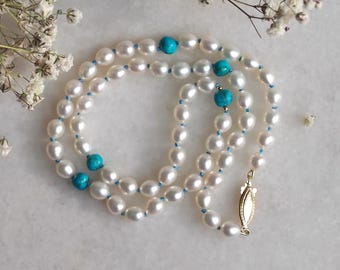 Knotted White Pearl & Blue Kingman Turquoise Necklace with Solid 14k Gold Beads and Clasp