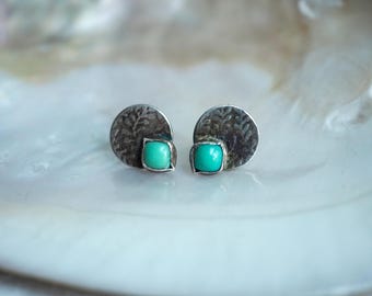 Handmade Sterling Silver Campitos Turquoise Stud Earrings with Fern Pattern