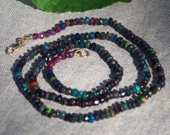 Faceted Black Fire Opal and Ruby Necklace Hand-Knotted on Silk