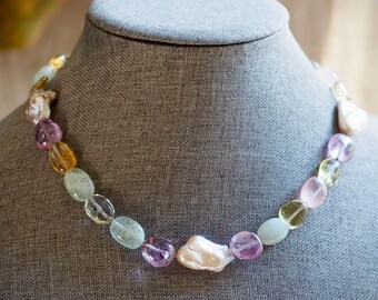 Multi Gem Soft Pastel Necklace with Jumbo Pearl