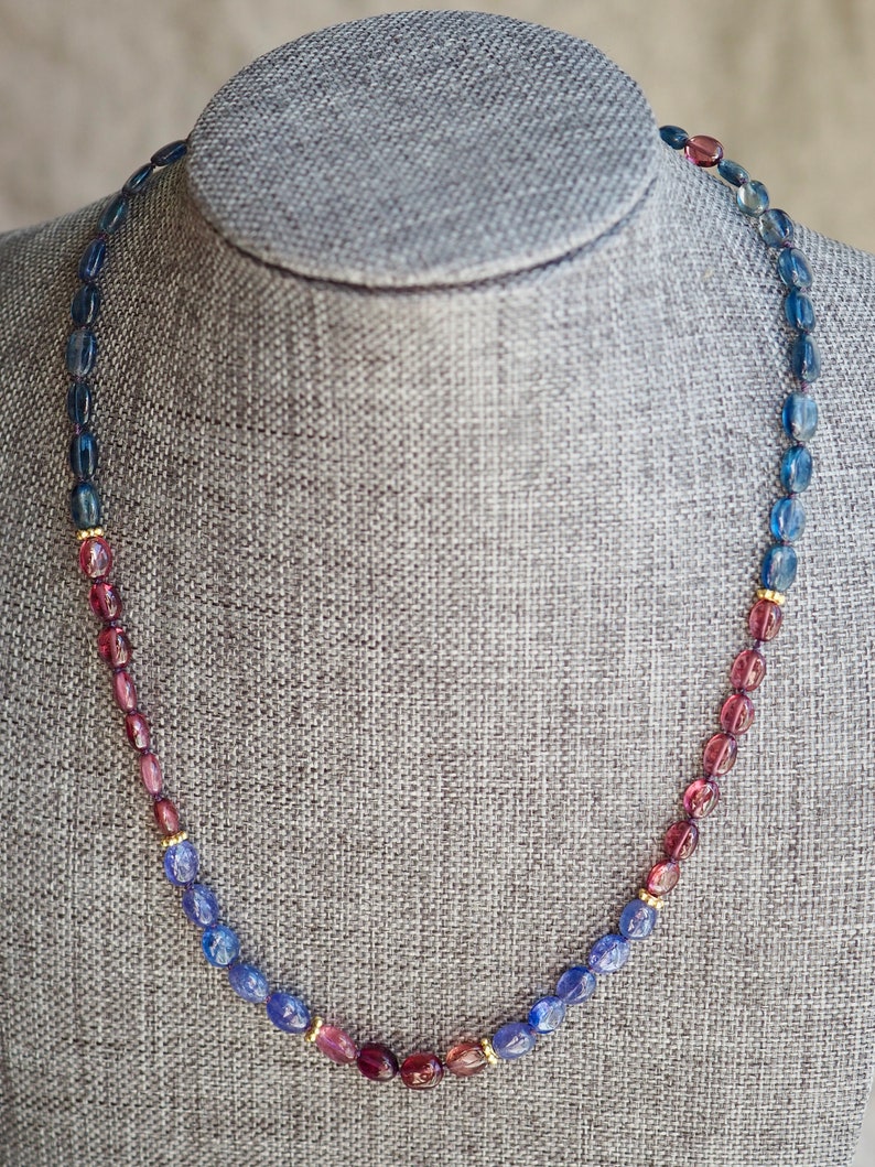 Multi Gem Necklace, Kyanite Garnet Tanzanite Tourmaline Ruby, Gold Gem Necklace, Candy Style Knotted Blue and Red Beads, Mixed Gem Necklace image 6