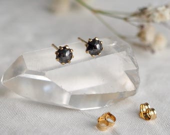 Solid 14k Gold Black Diamond Earrings,  0.64 Ct Faceted Rose Cut Diamonds