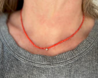 Natural Red Italian Coral Necklace with 14k Gold White Diamond Charm