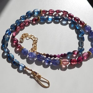 Multi Gem Necklace, Kyanite Garnet Tanzanite Tourmaline Ruby, Gold Gem Necklace, Candy Style Knotted Blue and Red Beads, Mixed Gem Necklace image 5