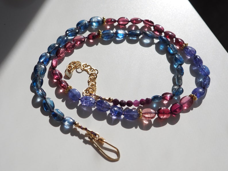 Multi Gem Necklace, Kyanite Garnet Tanzanite Tourmaline Ruby, Gold Gem Necklace, Candy Style Knotted Blue and Red Beads, Mixed Gem Necklace image 5