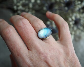 Oval Blue Moonstone, Silver Rainbow Moonstone Ring, Oblong Moonstone Ring, Mixed Metal Ring, Rainbow Moonstone, Dark Silver Ring, Size 7.5