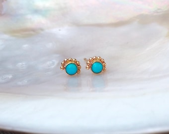 Solid 14k Gold Vibrant Blue Sleeping Beauty Turquoise Eye Stud Earrings
