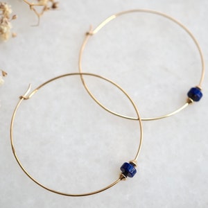 Large Gold Hoops, Gold Earrings, Lapis Hoops, Thin Gold Hoops, Gold Lapis Earrings, 2 Inch Gold Hoops, Gold Hoop Earrings, Minimal Earrings image 5