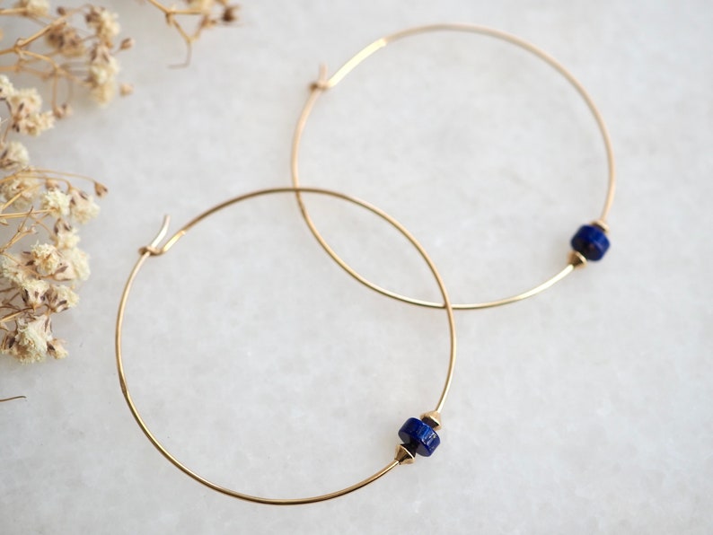 Large Gold Hoops, Gold Earrings, Lapis Hoops, Thin Gold Hoops, Gold Lapis Earrings, 2 Inch Gold Hoops, Gold Hoop Earrings, Minimal Earrings image 5