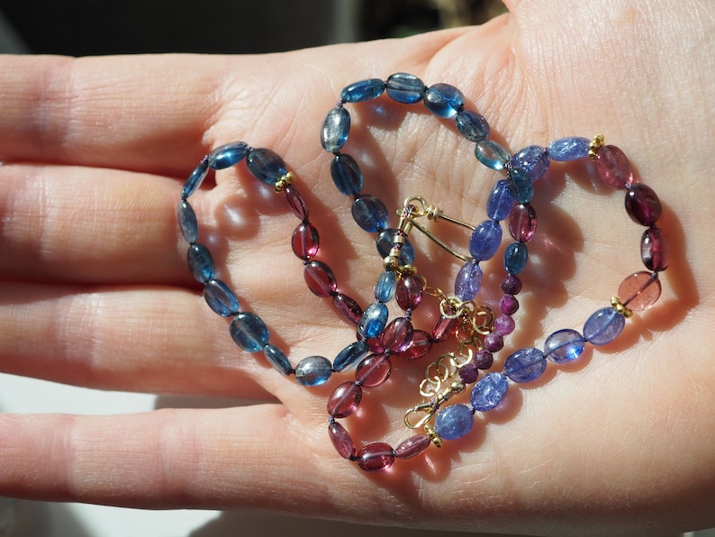 Multi Gem Necklace, Kyanite Garnet Tanzanite Tourmaline Ruby, Gold Gem Necklace, Candy Style Knotted Blue and Red Beads, Mixed Gem Necklace image 8