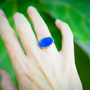 Large Lapis Ring, Oval Lapis Ring with Gold Dots, Lapis Statement Ring, Dark Silver Jewelry, Petal Ring, Lapis Lazuli Jewelry, Mixed Metal image 2