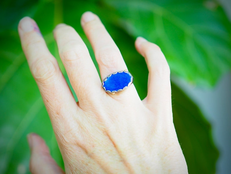 Large Lapis Ring, Oval Lapis Ring with Gold Dots, Lapis Statement Ring, Dark Silver Jewelry, Petal Ring, Lapis Lazuli Jewelry, Mixed Metal image 2