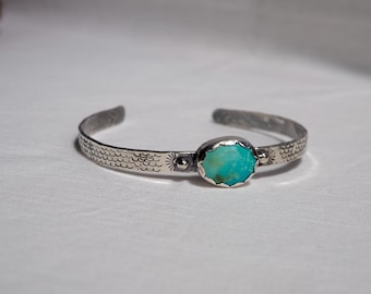 Beachy Carico Lake Turquoise Cuff Bracelet, Hand Stamped Sterling Silver Ocean Jewelry