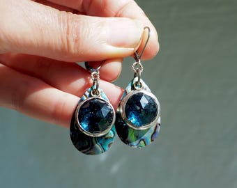 Sterling Silver Rose Cut Blue Kyanite Dangle Peacock Earrings with Rainbow Abalone Dangles