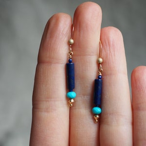 Lapis Lazuli Earrings, Lapis and Turquoise, Lapis Dangle, Drop Earrings with Gems, Lapis Turquoise Earrings, Gold Lapis Earrings, Blue Gem image 1