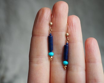 Lapis Lazuli Earrings, Lapis and Turquoise, Lapis Dangle, Drop Earrings with Gems, Lapis Turquoise Earrings, Gold Lapis Earrings, Blue Gem