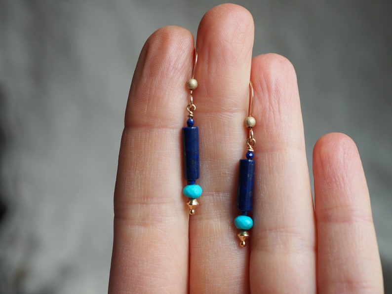 Lapis Lazuli Earrings, Lapis and Turquoise, Lapis Dangle, Drop Earrings with Gems, Lapis Turquoise Earrings, Gold Lapis Earrings, Blue Gem image 1