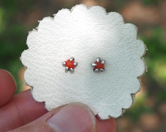 Tiny Natural Italian Red Coral Sterling Silver Stud Earrings