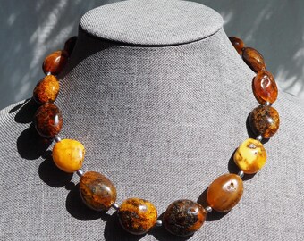Large Genuine Baltic Amber and Peacock Pearl 19" Long Necklace