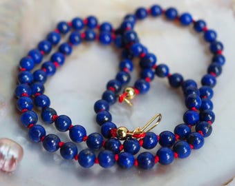 Lapis Lazuli Beaded Necklace Hand Knotted on Red Silk with Gold Clasp,  18" Luxe Gemstone Beads
