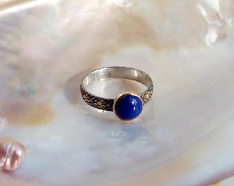 Inanna's Treasure ~ Unique Dark Silver and Gold Ring with Lapis Lazuli, Size 8.5