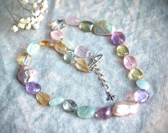 Pastel Multi Gemstone Bead and Pearl Necklace: Aquamarine, Amethyst, Rose Quartz, Sterling Silver Clasp