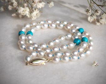 Knotted White Pearls and Turquoise Necklace with 14k Clasp