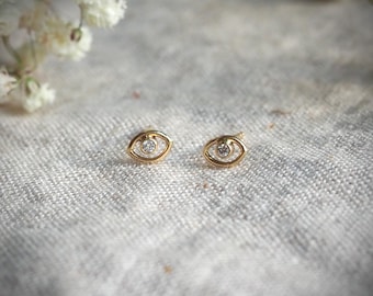 Sparkly White Diamond Tiny Eye Stud Earrings, Solid 14k Gold