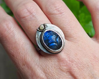 Dark Blue Crowned Carved Labradorite Scarab Ring, Sterling Silver and 14k
