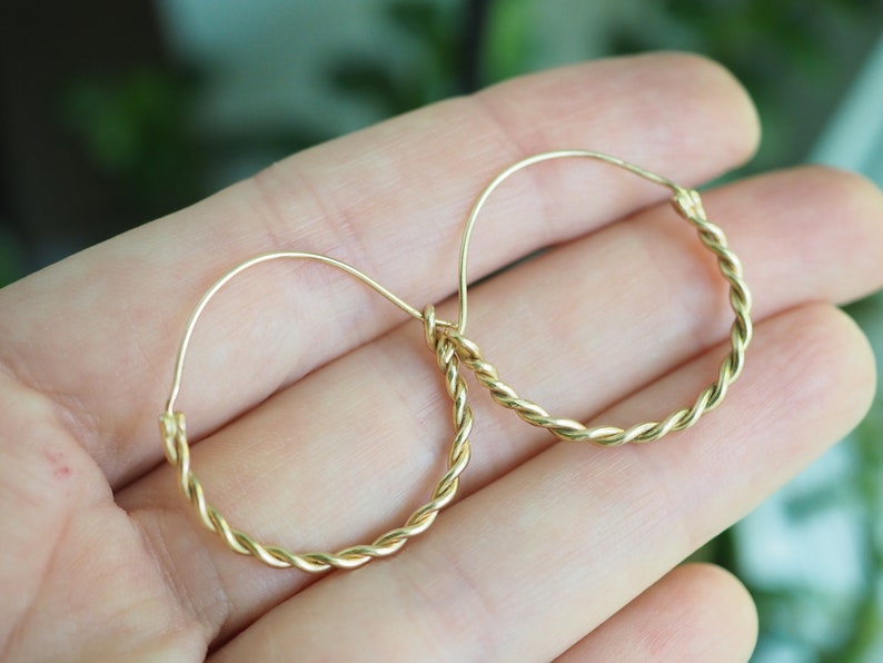 Solid 14k Gold Hoops, Hand Twisted Hoops, Medium Size Round Earrings, 14k Gold Earrings, Ancient Earrings, 1 inch Hoops, Handmade Gold Hoops image 3