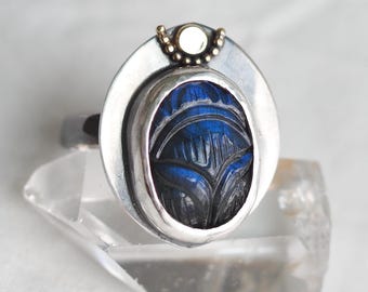 Dark Blue Crowned Carved Labradorite Scarab Ring, Sterling Silver and 14k