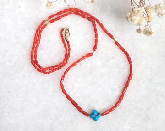 Natural Red Italian Coral Necklace with 18k Gold Beads and Blue Turquoise Clover