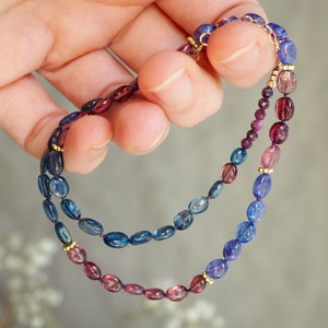 Multi Gem Necklace, Kyanite Garnet Tanzanite Tourmaline Ruby, Gold Gem Necklace, Candy Style Knotted Blue and Red Beads, Mixed Gem Necklace image 2