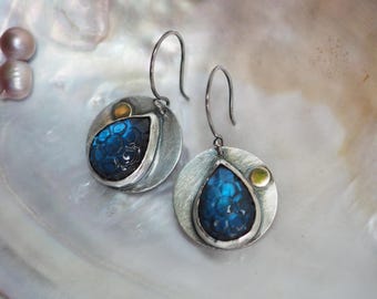 Electric Blue Labradorite Moon Flower Dangle Earrings, Sterling Silver with 14k Gold Dots