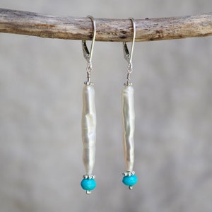 Long Pearl Earrings, Sleeping Beauty Turquoise, White Biwa, Wedding Earrings, Stick Pearl Earrings, Organic Pearl, White Stick Pearl Jewelry image 1