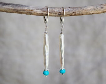 Long Pearl Earrings, Sleeping Beauty Turquoise, White Biwa, Wedding Earrings, Stick Pearl Earrings, Organic Pearl, White Stick Pearl Jewelry