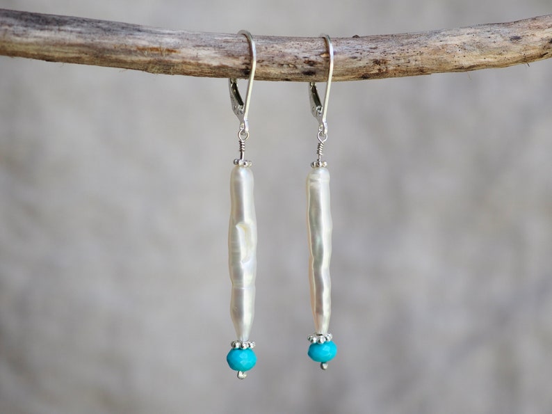 Long Pearl Earrings, Sleeping Beauty Turquoise, White Biwa, Wedding Earrings, Stick Pearl Earrings, Organic Pearl, White Stick Pearl Jewelry image 1