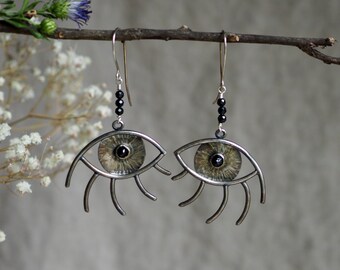 Large Eye Earrings, Silver and Black Eyes, Rose Cut Black Spinel, Eye Dangle Earrings, Statement Eye Earrings, Dangle Drop Eye Earrings